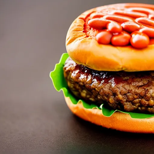 Prompt: a hamburger made of plastic, melting into baked beans