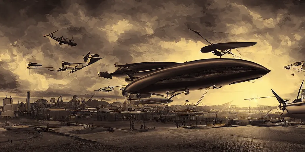 Image similar to Steampunk Air Haven, old school zeppelin, byplanes, landing platform digital Art, sunset lighting