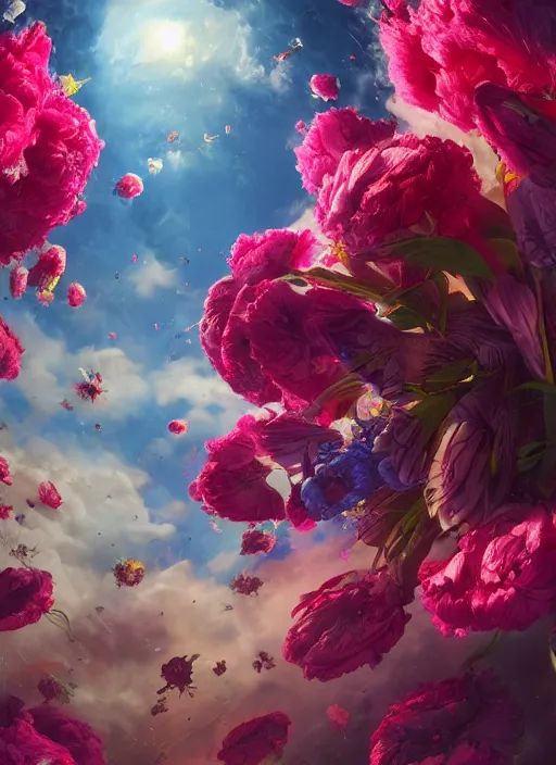 Image similar to An epic fantastic realism comic book style painting of the most beautiful flowers launched into space, bouquets, fisheye lens, unreal 5, DAZ, hyperrealistic, octane render, dynamic lighting