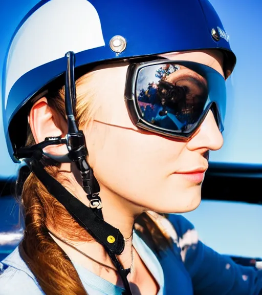 Image similar to a young woman, pilot helmet on, pilot a airplane, blue sky, composition