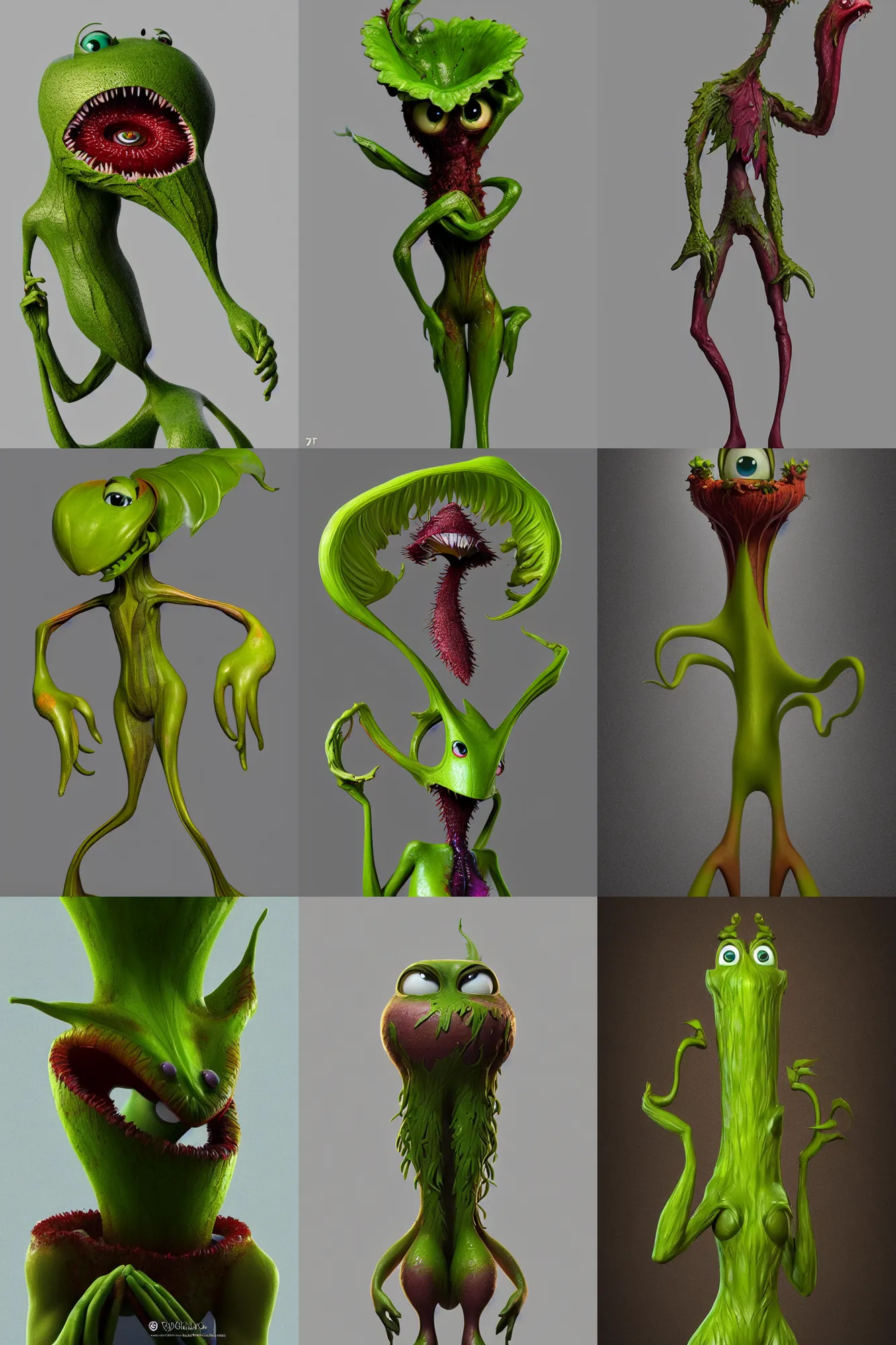 Prompt: anthropomorphic, mutant carnivorous plant, full body, character design by Disney and Pixar, sculpted in zbrush, minimal, dystopian, big eyes with eyelashes,extremely detailed, digital painting, artstation, concept art, volumetric lighting, golden ratio, rule of thirds, fibonacci