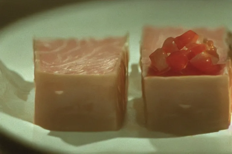 Image similar to tuna and cheese aspic in cyberspace, in 1 9 9 5, y 2 k cybercore, industrial low - light photography, still from a ridley scott movie