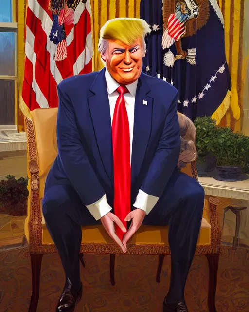 Prompt: donald trump full body painting at oval office, happy, smirk, by craig mullins, by dan mumford, by marc simonetti, atmospheric lighting, intricate, volumetric lighting, beautiful, rich deep colours masterpiece, golden hour, sharp focus, ultra detailed