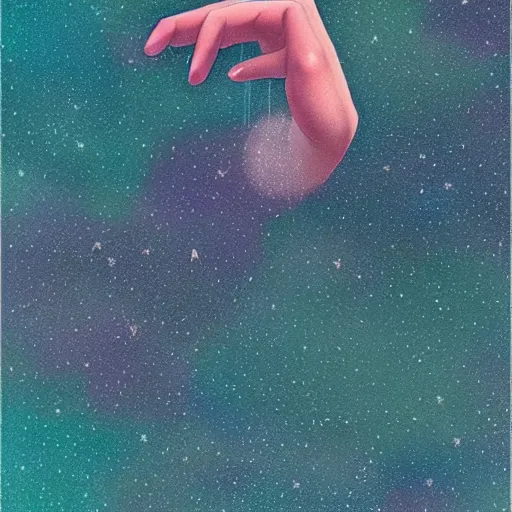 Prompt: a photo of a hand floating by inio asano, aya takano color style, 4 k, super detailed, night sky, digital art, digital painting, celestial, majestic, colorful