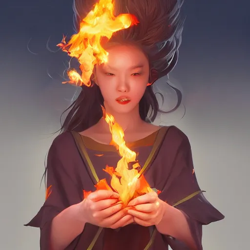 Image similar to an experienced witch casting fire magic, by hong soonsang, concept art, digital art, trending on artstation, pixiv, illustration