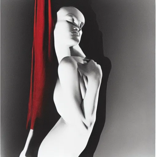Prompt: photo of a woman in a red dress by arnold newman. professional photography.