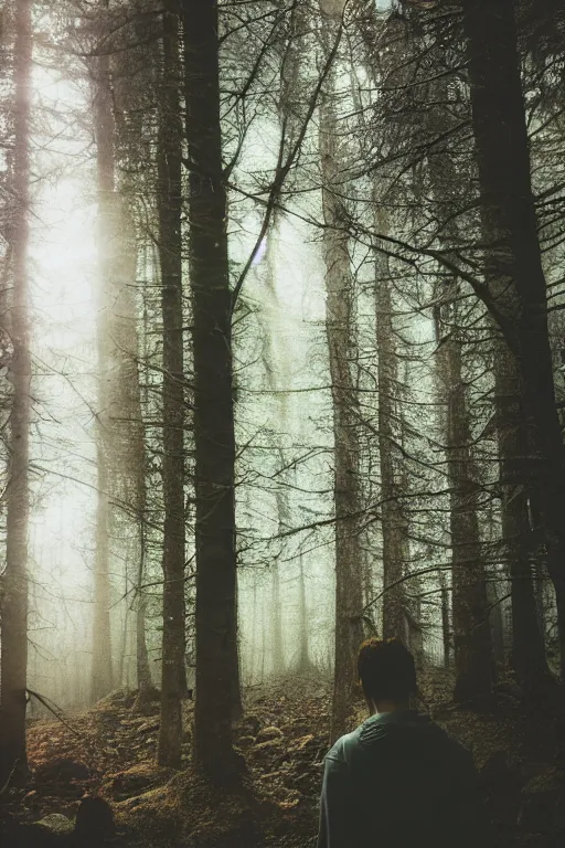 Image similar to kodak portra 4 0 0 photograph of a guy with deer antlers standing in a dark fantasy forest, back view, lens flare, moody lighting, moody vibe, telephoto, 9 0 s vibe, blurry background, grain, tranquil, calm, faded!,