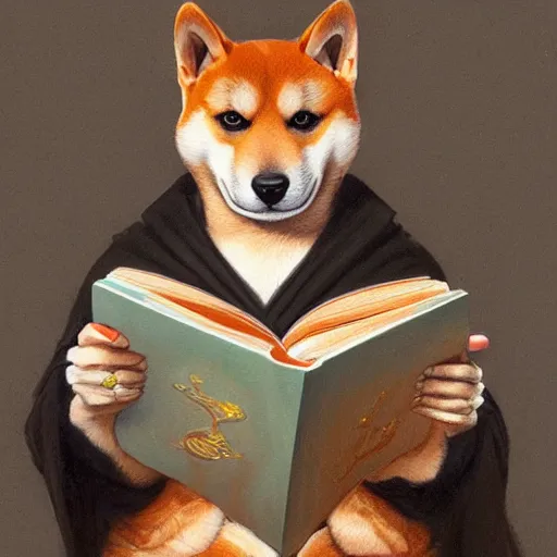 Image similar to lotus pose, anthropomorphic shiba inu, wearing for man ukrainian traditional black vyshyvanka clothes, reading book, portrait art by donato giancola and greg rutkowski, realistic face, digital art, trending on artstation, symmetry