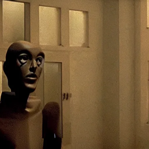 Image similar to a man and a robot in a moment of jealousy, movie still, Movie by Andrzej Zulawski and David Lynch