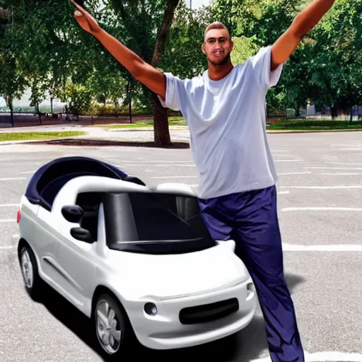 Prompt: a 7 ft tall basketball player in a tiny car