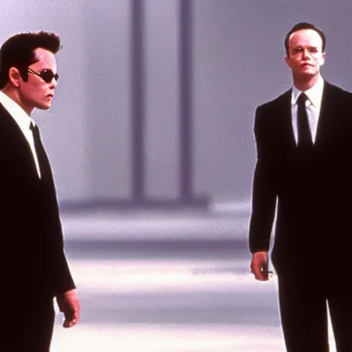 Image similar to Elon Musk starring as Agent Smith, The Matrix (1999), photographic still