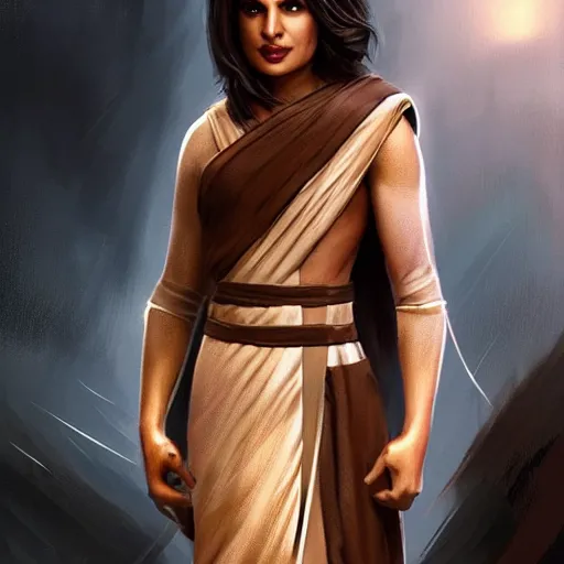 Image similar to priyanka chopra as a jedi master in brown robe, style of Raymond Swanland, cinematic, artstation