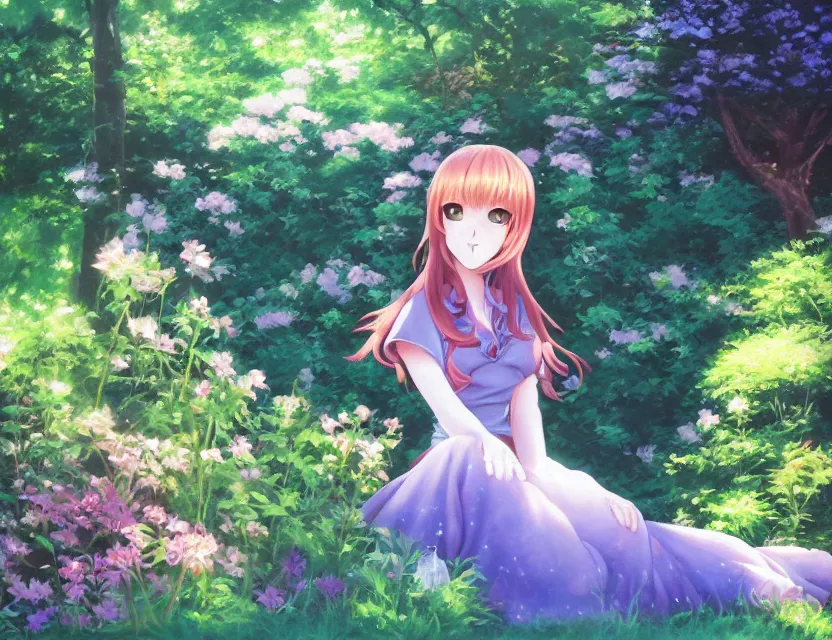 Image similar to unattractive princess in the garden. oil painting by award - winning mangaka. backlighting, chiaroscuro, depth of field, luminescent colors.