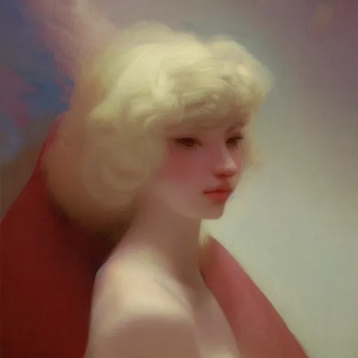 Image similar to a young woman's face, her hair is white and she wears a cobalt blue satin cloak, by ivan aivazovsky and syd mead and moebius and gaston bussiere and roger dean and pieter claesz and paul delaroche and alma tadema and aelbert cuyp and willem claesz, hyperrealistic, volumetric light, octane render