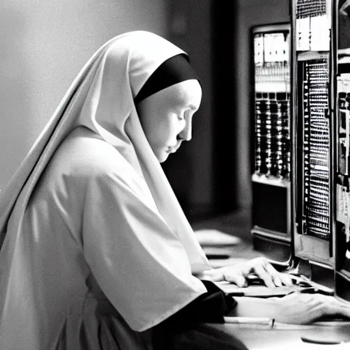 Image similar to award - winning photograph of a nun hunched over a computer while she hacks into the mainframe. the nun's face is beautiful and detailed