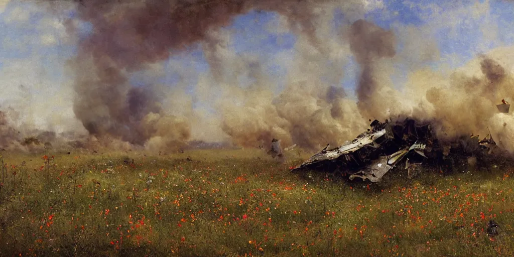 Prompt: wreckage of a crashed spaceship in a field of wildflowers, fire and smoke, moody lighting, low angle, wide angle, close-up, very detailed, by Jules Bastien-Lepage and Albert Bierstadt