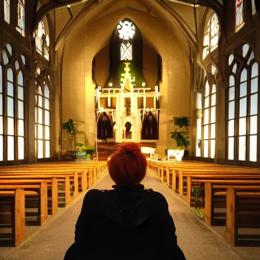 Image similar to Rosaria_(genshin_Impact) Sitting in a Church at night