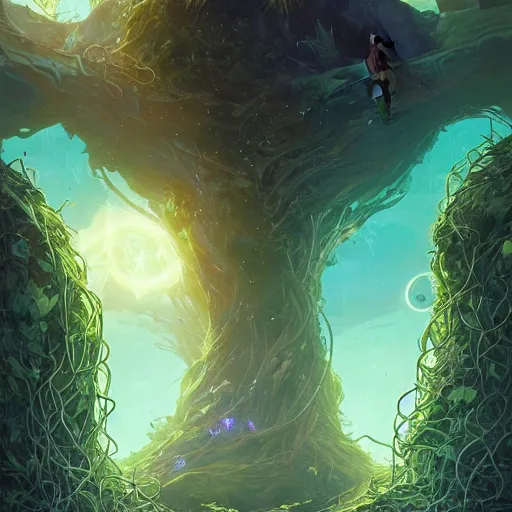 Prompt: Abandoned multiverse portals cover is thick Vines from the Pangea,bright,soft,by greg rutkowski and rossdraws and victo nagi