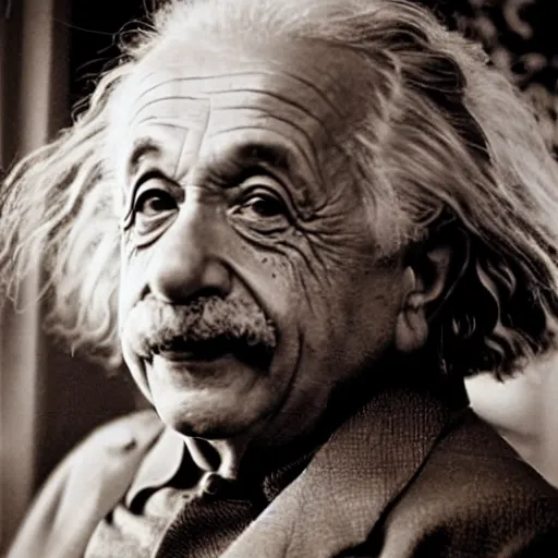 Image similar to Albert Einstein as Yoda thinking about the theory of relativity. Star Wars movie frame.