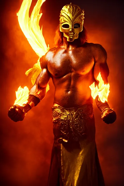 Image similar to A man wearing golden mask, hair like fire, muscular, in dark soul