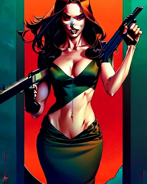 Image similar to artgerm, joshua middleton comic cover art, full body pretty megan fox holding a shotgun, red dress, symmetrical eyes, symmetrical face, long curly black hair, dark city background, cinematic lighting