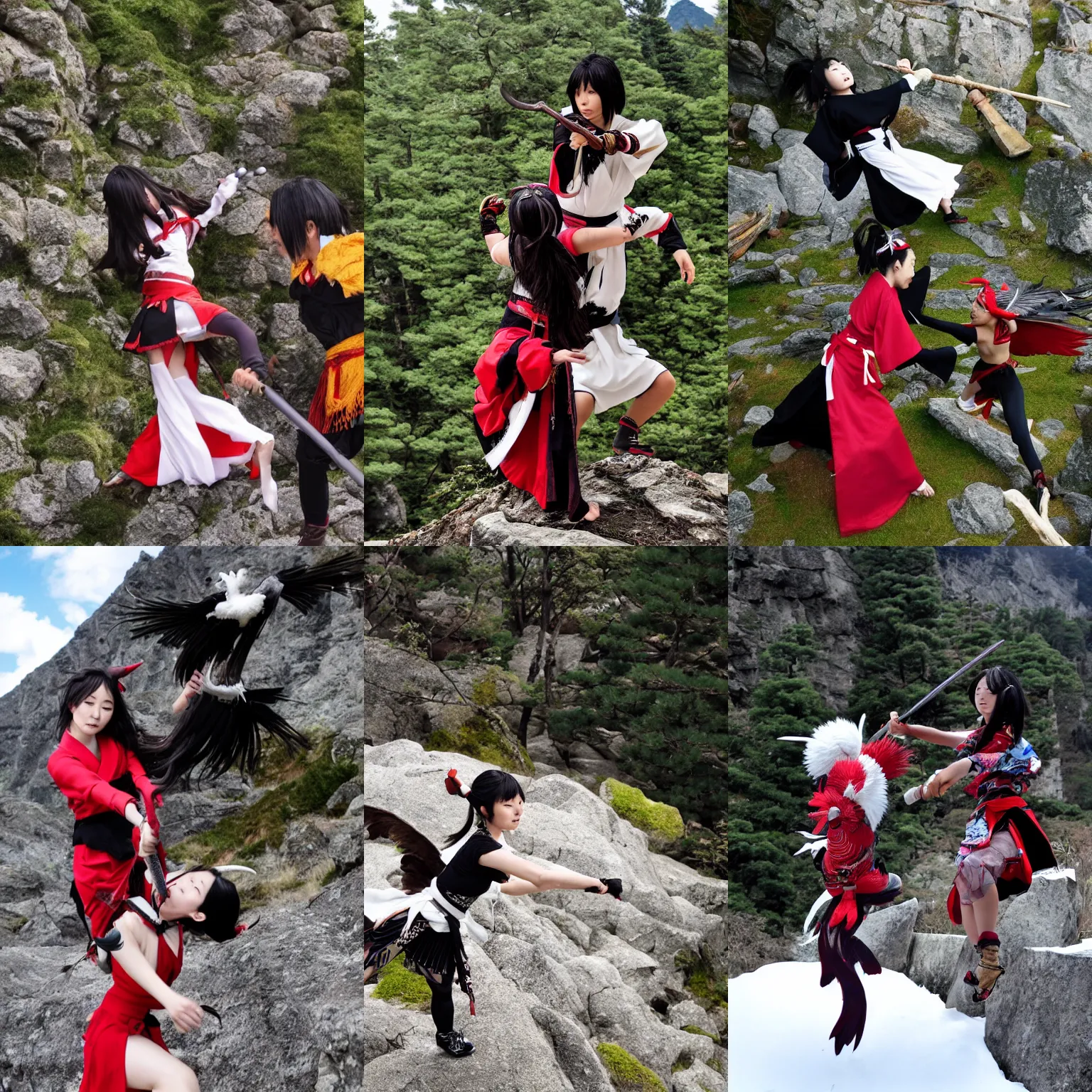 Prompt: Japanese girl fights tengu in the mountains