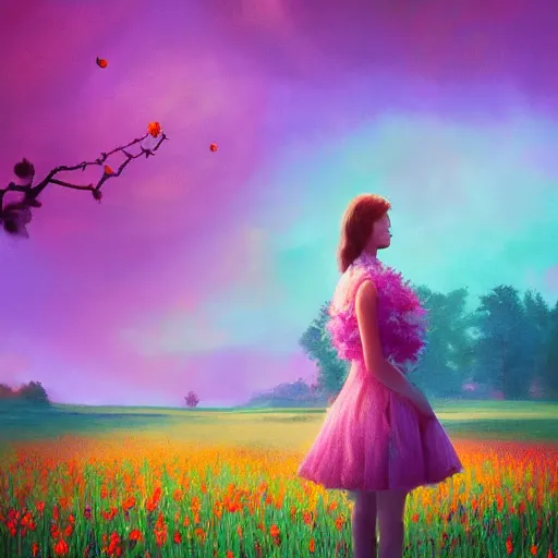 Image similar to girl with giant flower for a face, surreal photography, dream, dress made from the flower field she walks through, hills, big trees, sunrise dramatic light, impressionist painting, colorful clouds, digital painting, pointillism, artstation, simon stalenhag