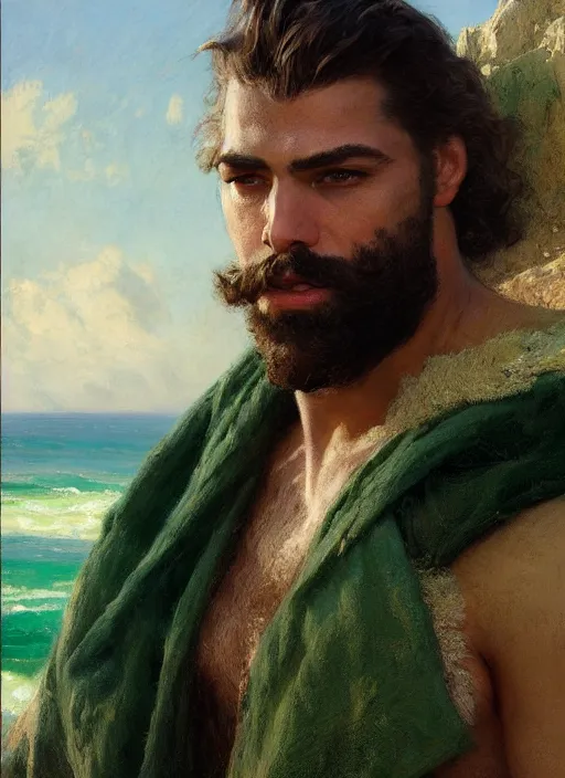 Image similar to detailed cinematic wide shot of muscular attractive young cuban man beard slim face symmetrical face tanskin green eyes white hair wearing sea clothes, ultra realistic, spring light, painting by gaston bussiere, craig mullins, j. c. leyendecker