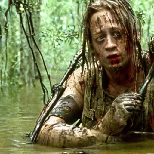 Prompt: cinematic still of macaulay culkin, covered in mud and watching a predator in a swamp in 1 9 8 7 movie predator, hd, 4 k