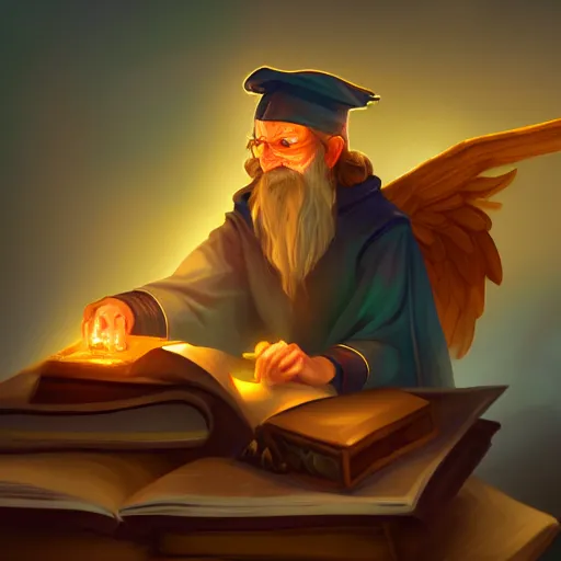 Prompt: a wizard in a magical research workshop with a phoenix perching nearby and looking on curiously, spellbooks and materials on tables, wizard studying magic, soft lighting, digital art trending on artstation