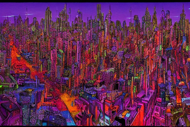 Image similar to surreal colorful nightmarish cityscape, artwork by Ralph Bakshi