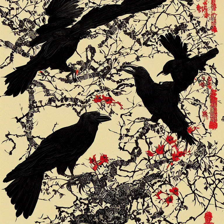 Image similar to black raven bird, james jean style, utagawa kunisada style, vfx art, unreal engine render, claymation style, colourful, volumetric light, digital painting, digital illustration, dramatic light,