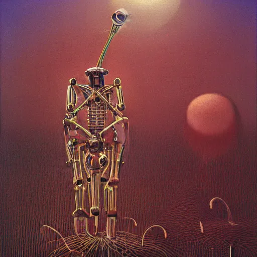 Prompt: Zdzisław Beksiński painting of a robot musician