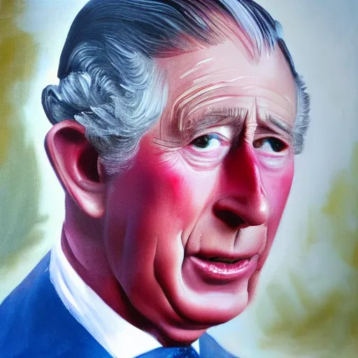 Image similar to an oil painting of prince charles with sausage fingers