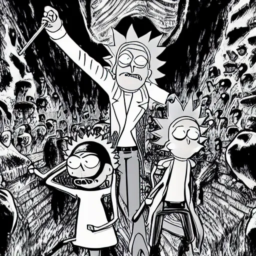 Prompt: rick and morty drawn in the style of Kentaro Miura from berserk, manga, high detail,