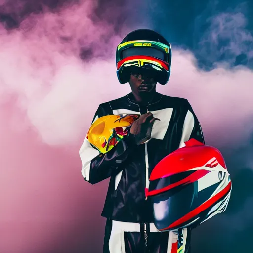 Prompt: extremely beautiful photo of a white marble statue of an anime black man with colorful motocross logos and motorcycle helmet with closed visor, colorful smoke in the background, carved marble statue, fine art, neon genesis evangelion, virgil abloh, offwhite, highly detailed, 8 k, hyperreal