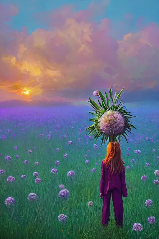 Prompt: portrait, giant thistle flower under head, a girl in a suit in field of flowers, surreal photography, sunrise, blue sky, dramatic light, impressionist painting, digital painting, artstation, simon stalenhag