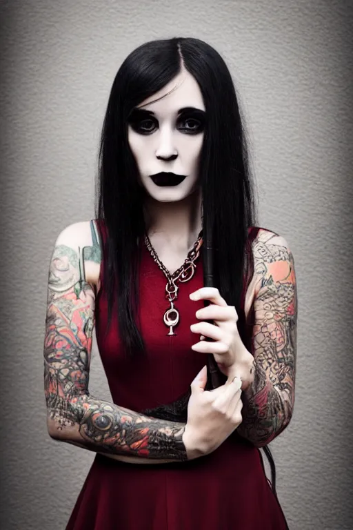 Image similar to Medium close-up portrait photo of a cute Goth girl wearing a very dark red dress, long dark hair, dark colors, tattoos, a large Ankh necklace, soft lighting, rich cinematic atmosphere, poster, 8k