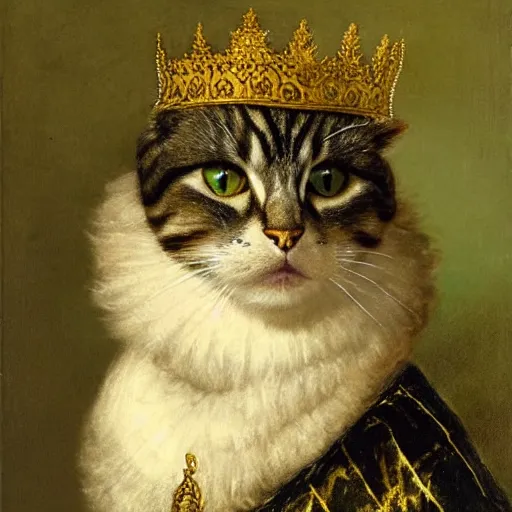 Prompt: a fluffy dark tabby cat with green eyes wearing aristocratic robes and a golden necklace and a crown in the style of Rembrandt