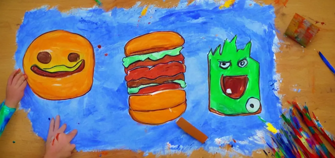 Image similar to kids painting of fast food monster