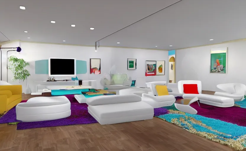 Image similar to Interior shot of a white boujee mansion with modern colorful furniture, very coherent,painted by DotPigeon airbrush