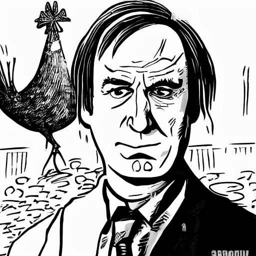 Image similar to saul goodman and a rooster in a medieval torture chamber, saw blades and knives in the background, horror movie, saul goodman!!!, rooster!!!!, real life photo, detailed face!