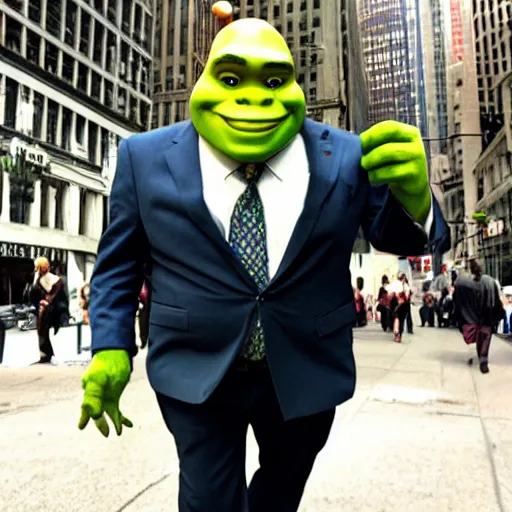 Image similar to shrek in a business suit on wallstreet