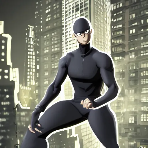 Image similar to very detailed full body concept character portrait illustration of saitama in new york city doing an action pose, action scene, digital illustration, concept art, matte painting, digital painting, illustration, amazing value control, 8 k, ultra detailed, in the style of sony pictures animation, minimal artifacts, rubber suit, graphic style