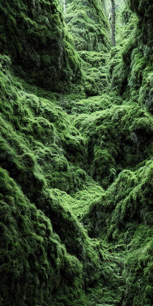 Prompt: a fertile, lush mossy canyon, minimalist structure, covered in ice, in the style of reuben wu, roger deakins