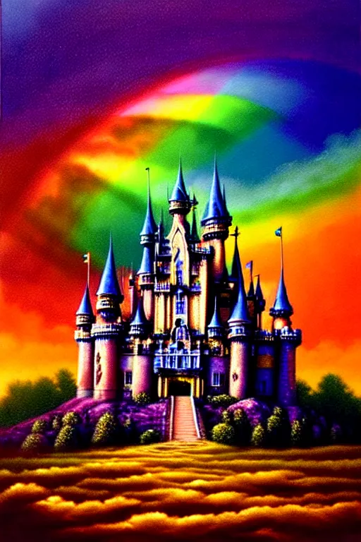 Image similar to a hyperrealistic painting of an epic ornate rainbow castle in the clouds at sunset, cinematic horror by chris cunningham, lisa frank, richard corben, highly detailed, vivid color,