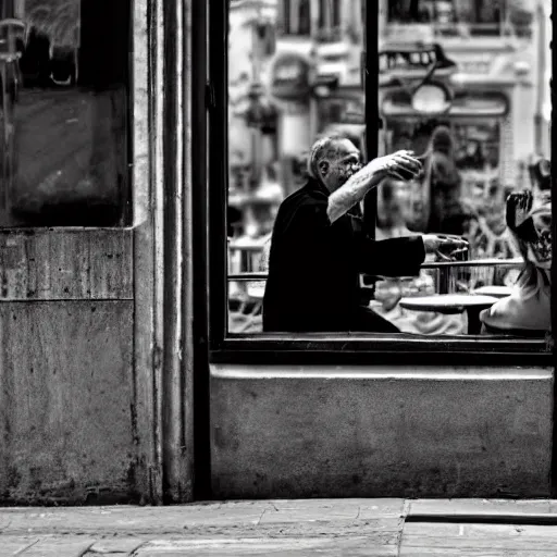 Prompt: an old man sitting in a cafe in Buenos Aires while looking through the window at a Tango couple dancing in the street, melancholic atmosphere