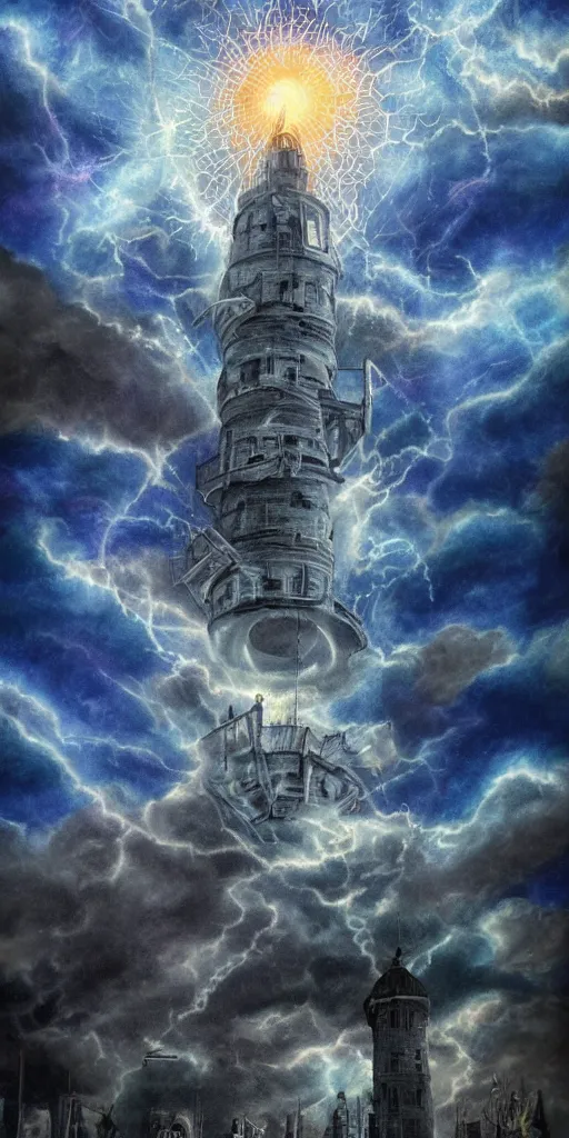 Image similar to the tower tarot card, airbrush sky realistic stormcloud with glimpses of flares