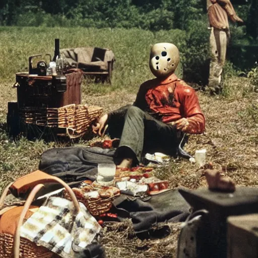 Image similar to jason voorhees having a picnic at chernobyl