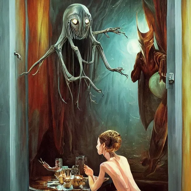 Image similar to a strange creature greeting a female explorer in a dining room, haunted house, masterpiece, grasping pseudopods, rhads!!!, magical realism, urban fantasy, a hooded figure, a fierce woman, ( h. r. giger )